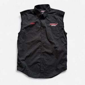 Black workwear sleeveless shirt button mechanic utility name patch men's M